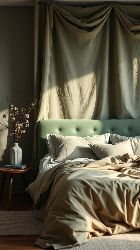 A cozy sage green bedroom featuring a textured bedspread, soft pillows, and natural decor.