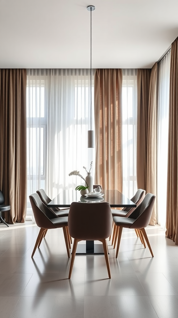 A modern dining area featuring a round table, four chairs, and elegant curtains.