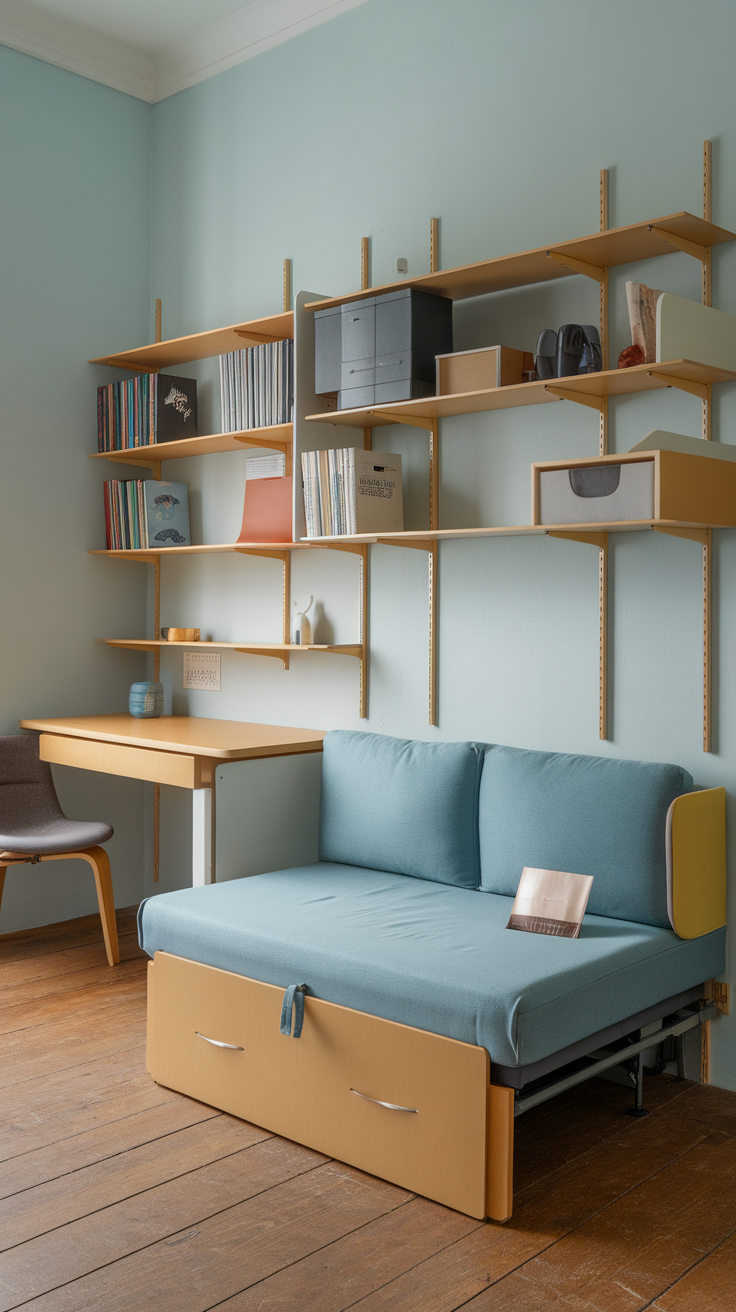 A cozy small living area featuring a blue sofa bed, wooden shelves, and a wooden desk.