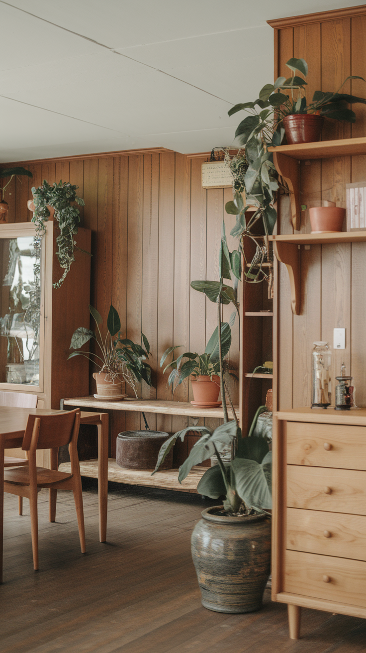 Cozy interior with wooden walls and various potted plants, showcasing natural elements in home decor.