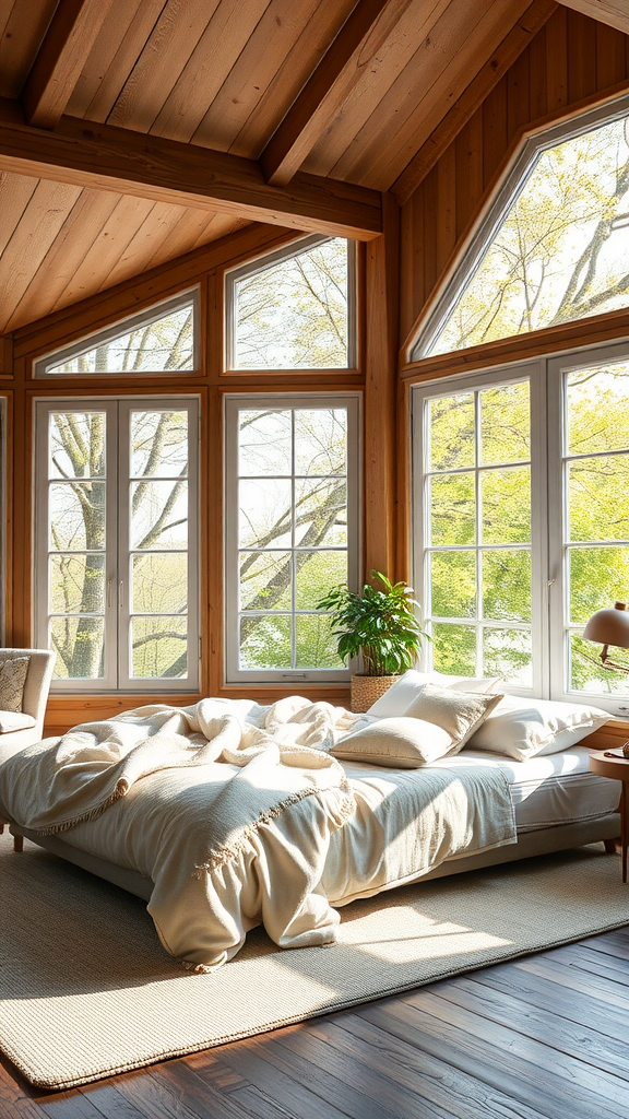 Bright bedroom with large windows allowing natural light to enter.