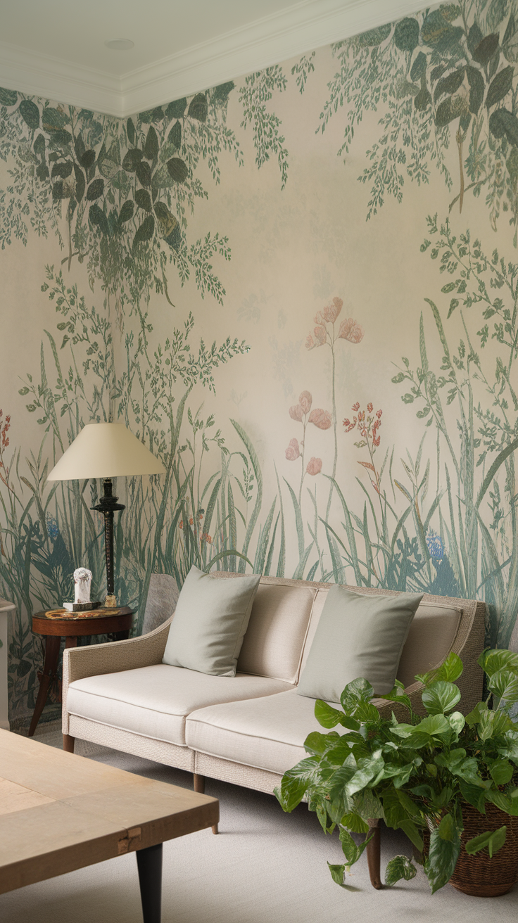 A cozy living room with nature-inspired wall art featuring green leaves and flowers.