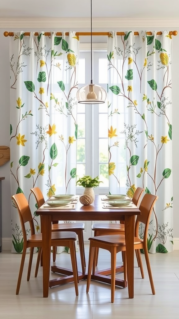 Window with nature-inspired patterned curtains and a small dining table.