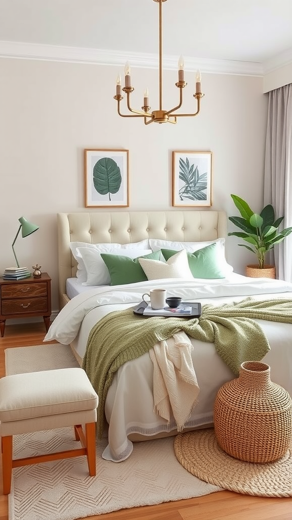 A serene sage green bedroom with neutral accents and natural elements.