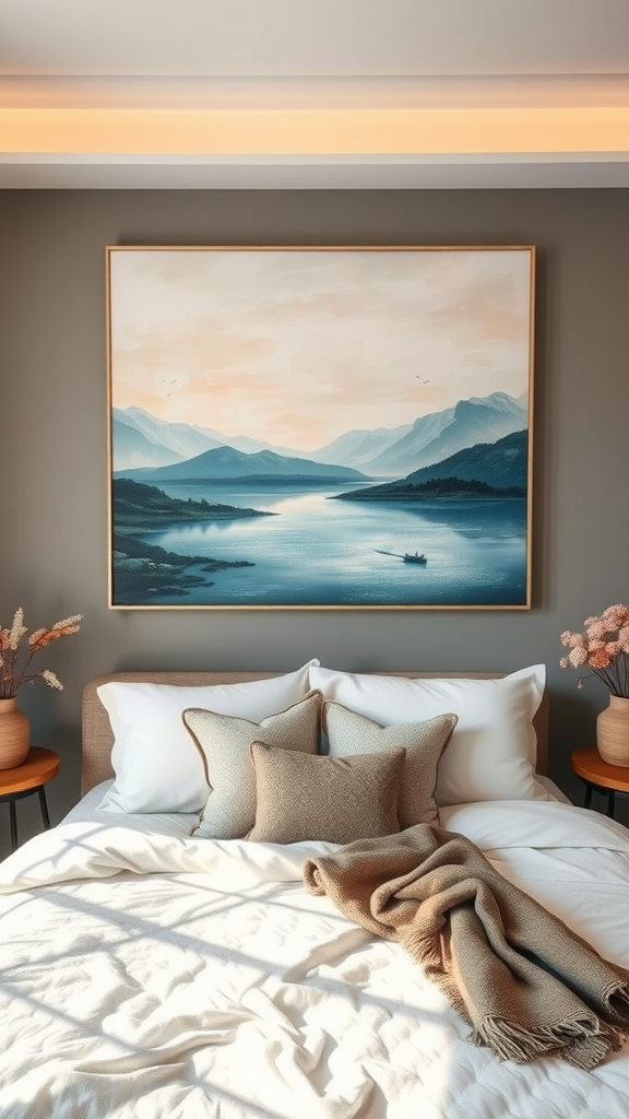 A cozy bedroom featuring a serene landscape painting above the bed, with soft pillows and a warm blanket.