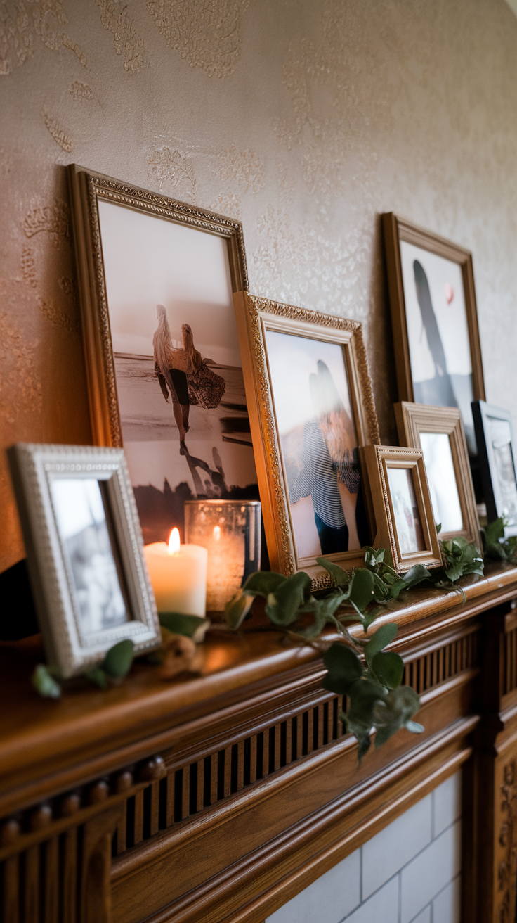 A display of personalized photo frames on a wooden mantel, featuring various pictures and decorative items.