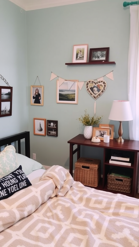 A cozy bedroom corner with personal touches like framed photos and decorative items.