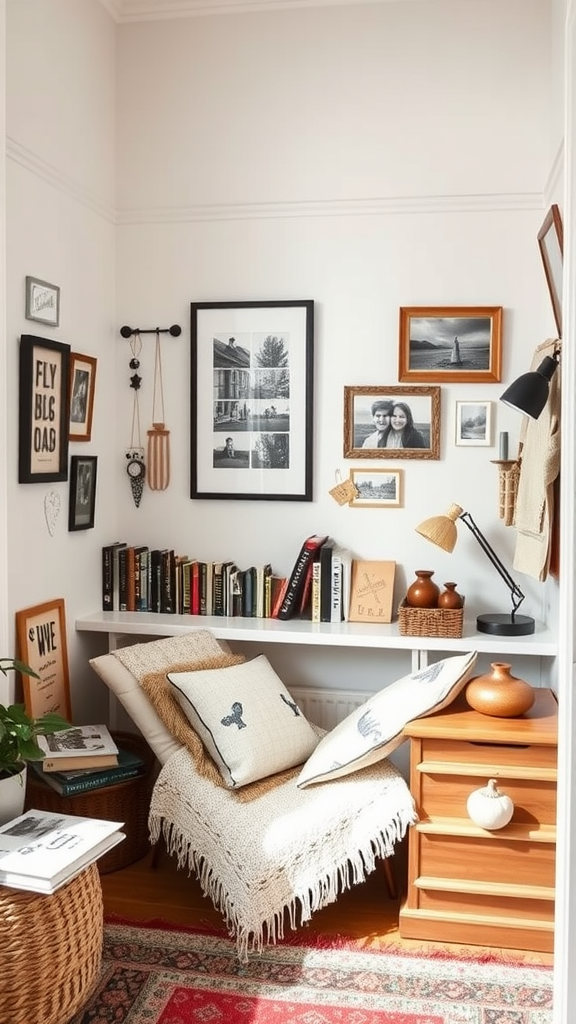 A cozy reading nook with books, framed art on the walls, a comfortable chair, and a warm ambiance.