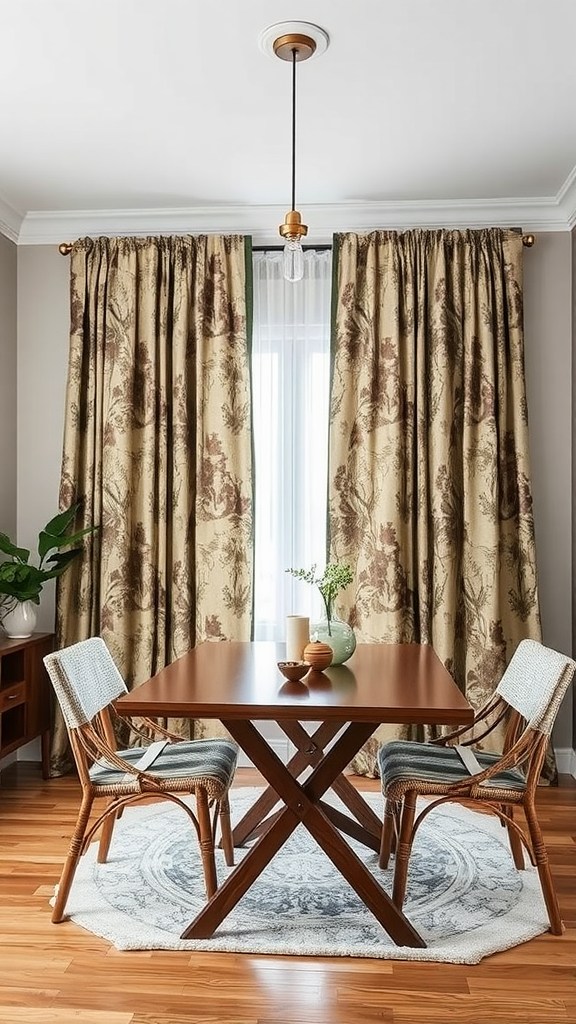 A dining area featuring printed blackout curtains, a round table with plates and a wine bottle, and modern decor.