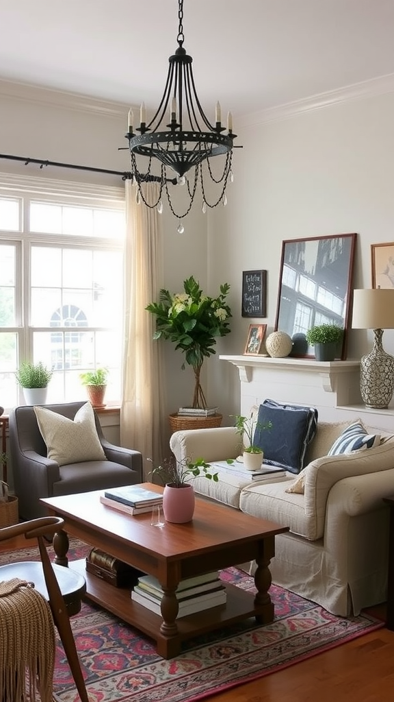 Cozy living room with thrifted furniture and decor