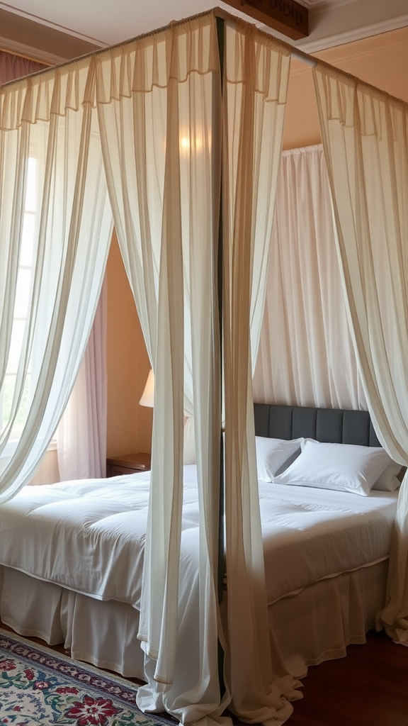 A romantic canopy bed with soft drapes and warm lighting.