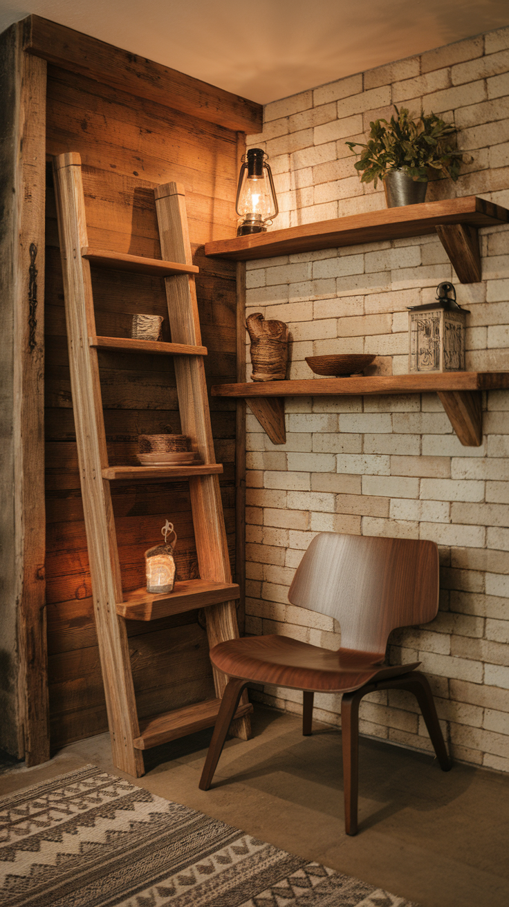 A cozy corner featuring rustic wooden shelves, a vintage lantern, and a stylish chair, creating a homey feel.