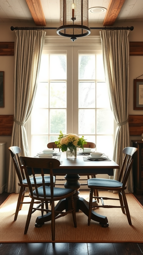 Cozy rustic farmhouse dining space with wooden furniture and soft curtains