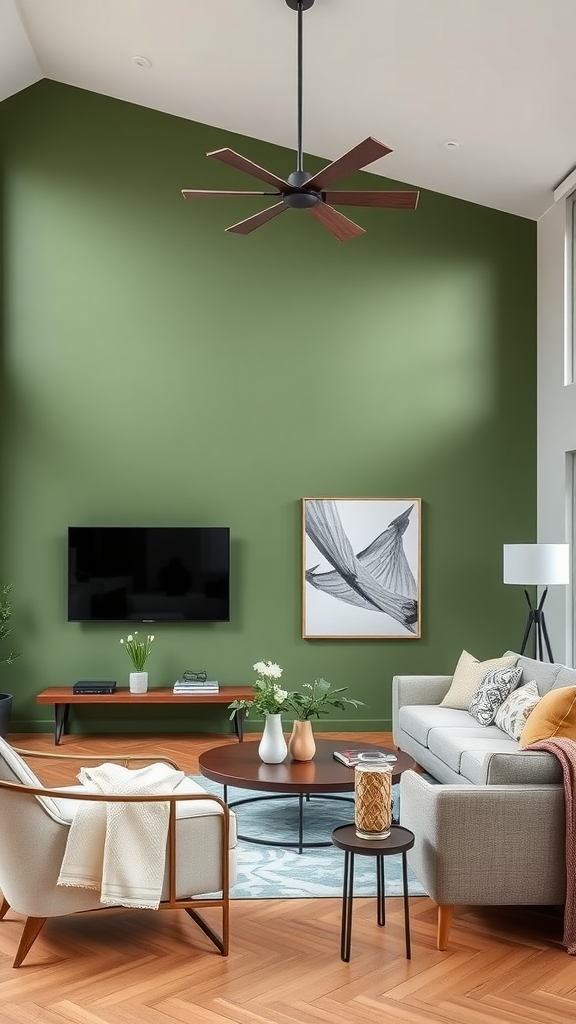 Living room featuring a sage green accent wall, modern furniture, and stylish decor.