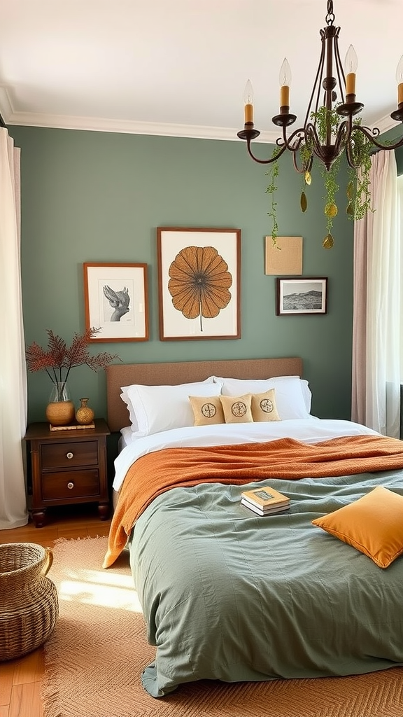 A stylish sage green bedroom featuring earthy tones and natural decor.