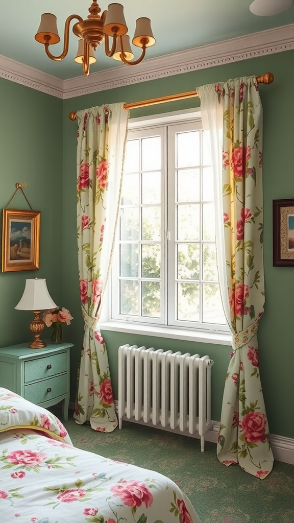 A sage green bedroom with floral curtains and bedding, creating a cozy and inviting atmosphere.