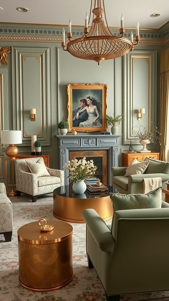 A stylish living room featuring sage green and gold accents.