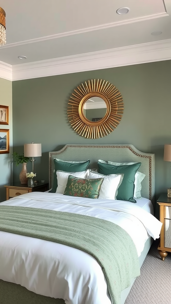 A beautifully designed sage green bedroom featuring metallic accents like a chandelier and mirror.