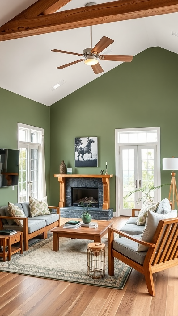 A cozy living room featuring sage green walls and natural wood furniture.