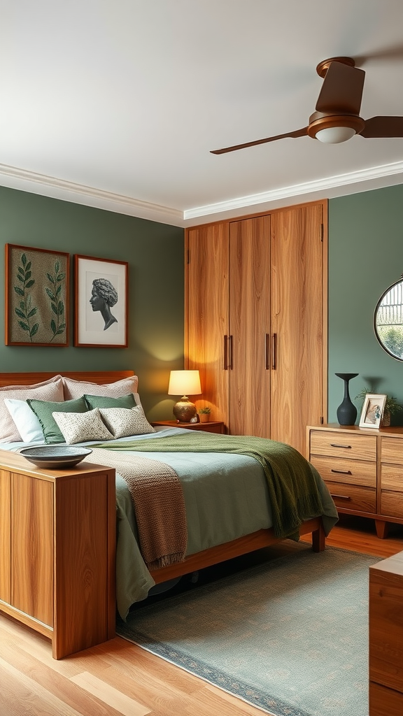 A cozy bedroom featuring sage green walls and natural wood furniture.