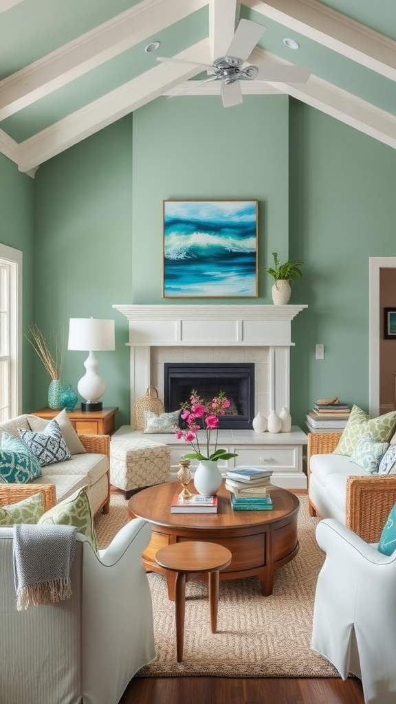 Living room featuring sage green walls and ocean blue decor