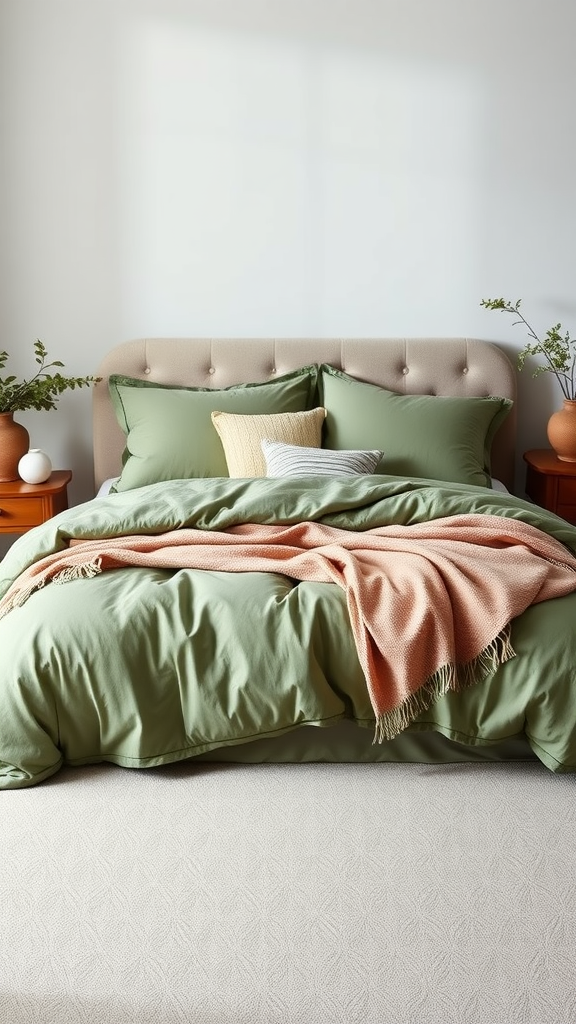 A cozy sage green bedding setup with pillows and a light peach throw.