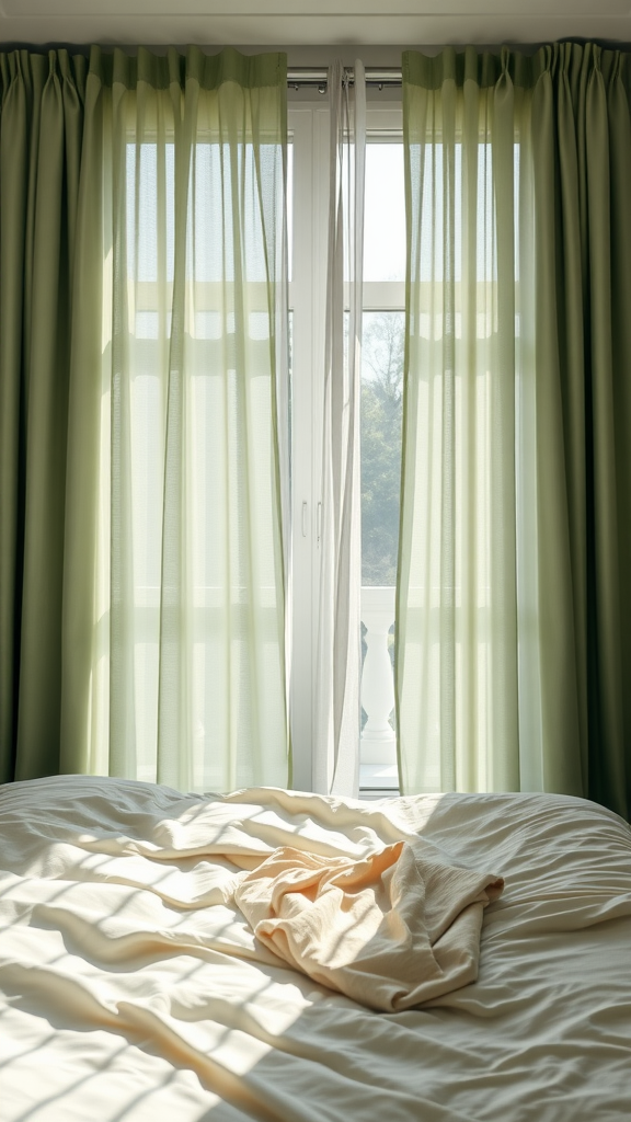 Sage green curtains hanging by a window in a softly lit bedroom