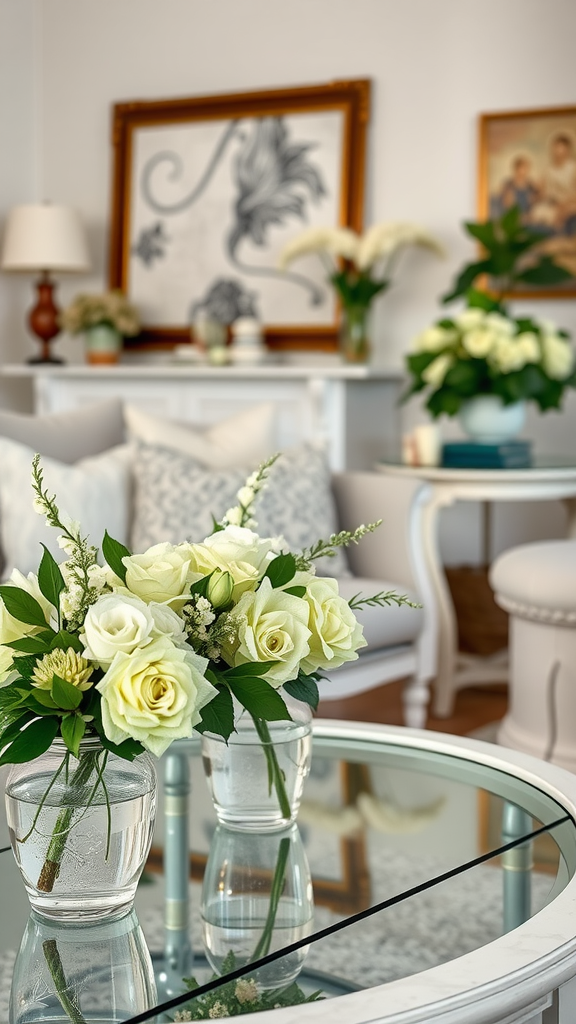 A cozy living room with sage green floral arrangements on a coffee table.