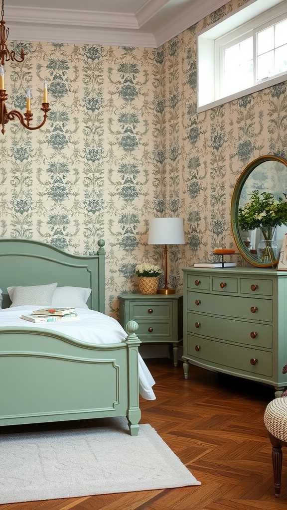 A sage green bedroom featuring a bed, nightstand, and dresser with floral wallpaper.