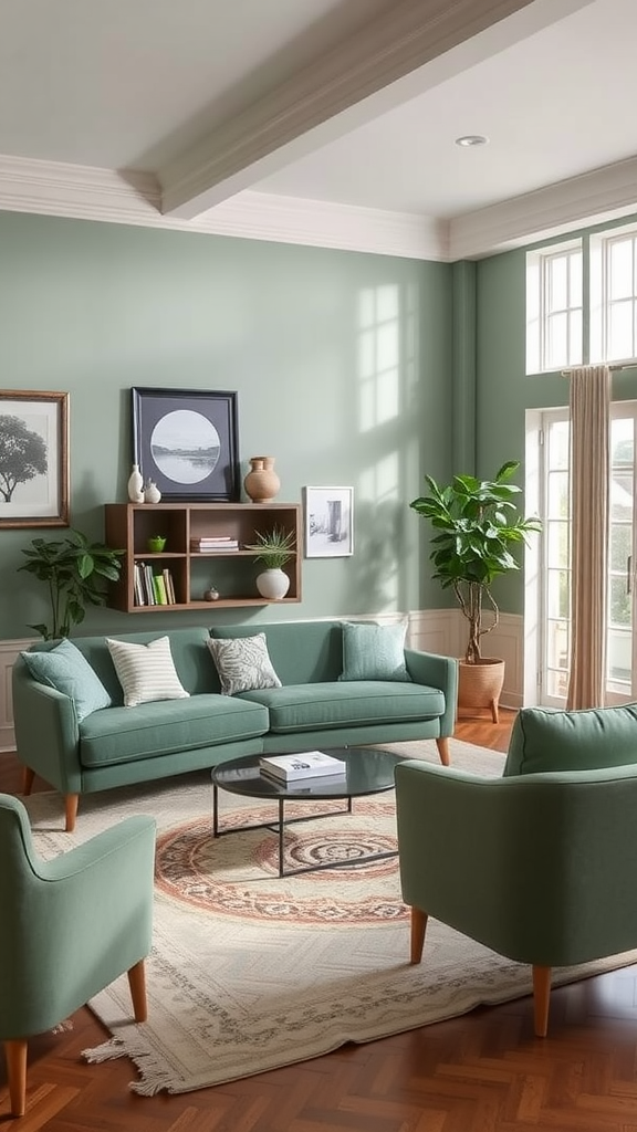 A cozy living room with sage green furniture and natural light.