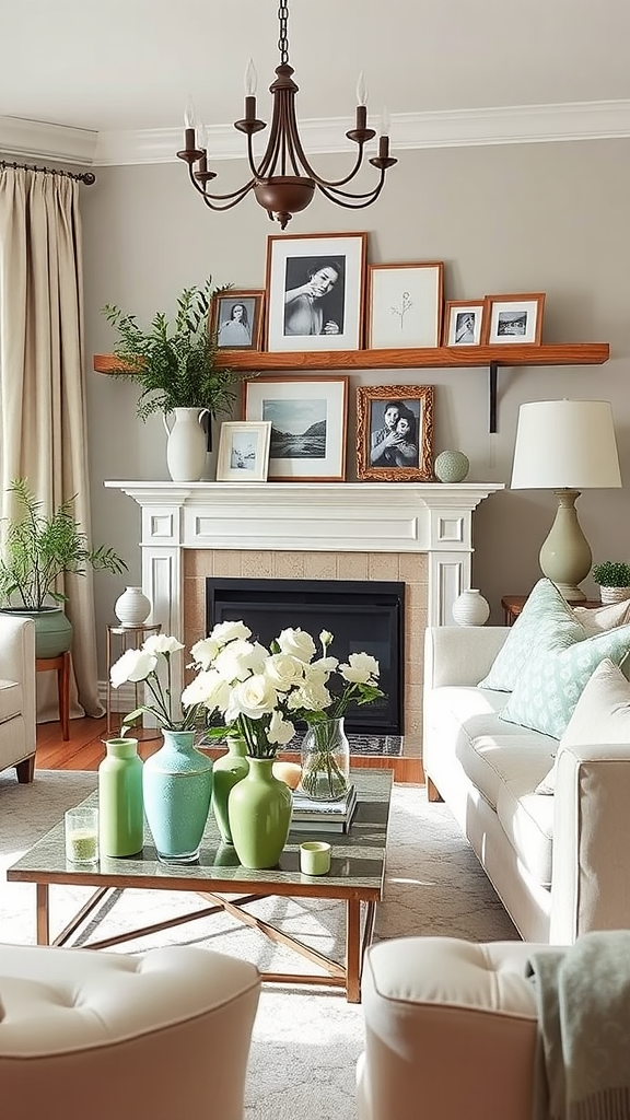 Living room with sage green decor accessories, including vases and cushions.