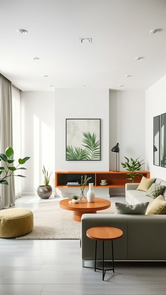 A minimalist living space featuring sage green decor with plants, a round coffee table, and light furniture.