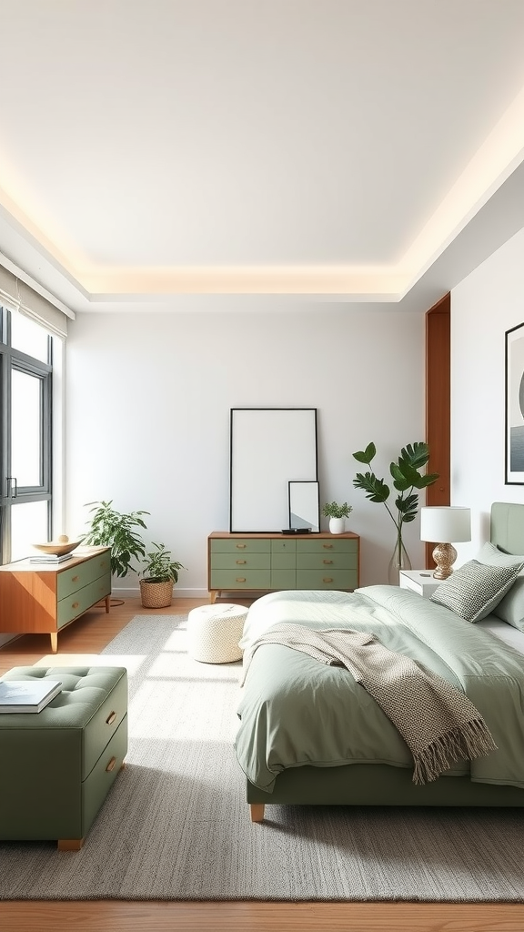 Modern bedroom featuring sage green bedding and furniture