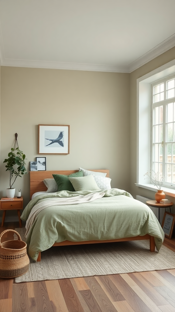 A small bedroom featuring a sage green bedspread, wooden furniture, and natural light from a window.