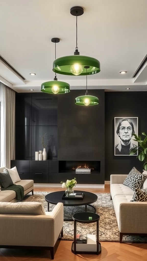 A stylish living room featuring sage green lighting fixtures above a modern seating area.