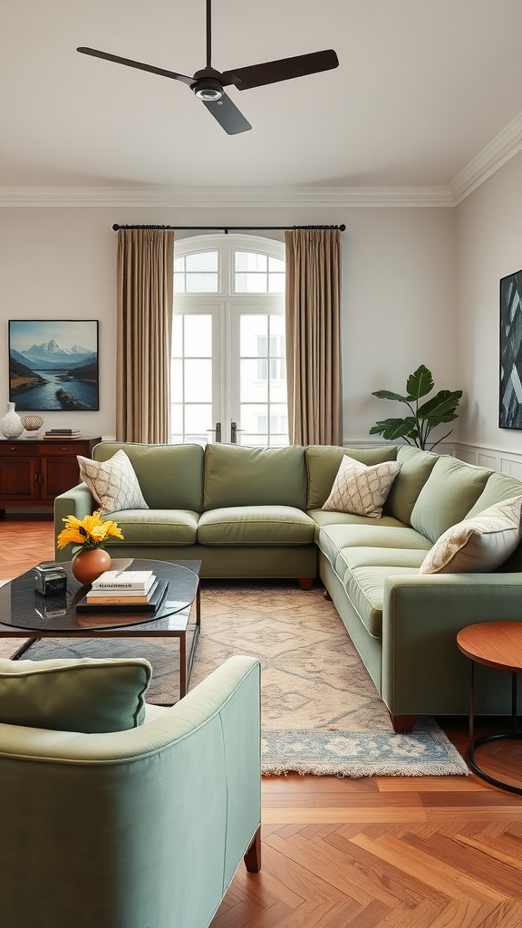 A cozy living room featuring a sage green sectional sofa with decorative pillows and a stylish coffee table.