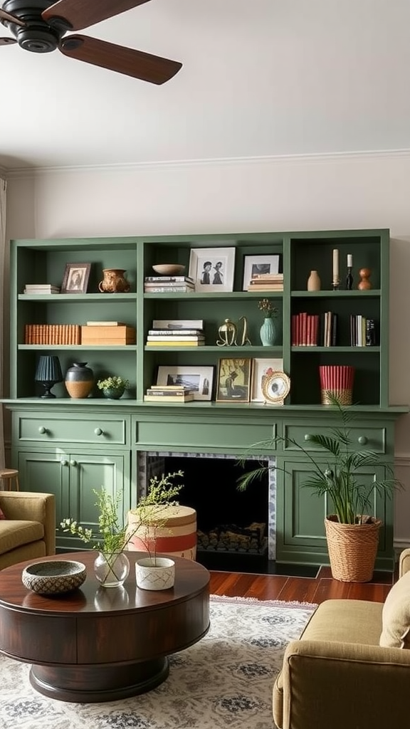 Living room with sage green shelving, books, and decorative items