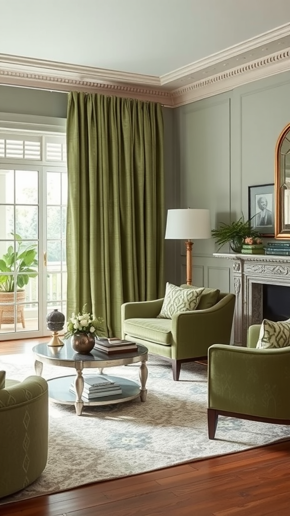 Cozy living room with sage green textured fabrics