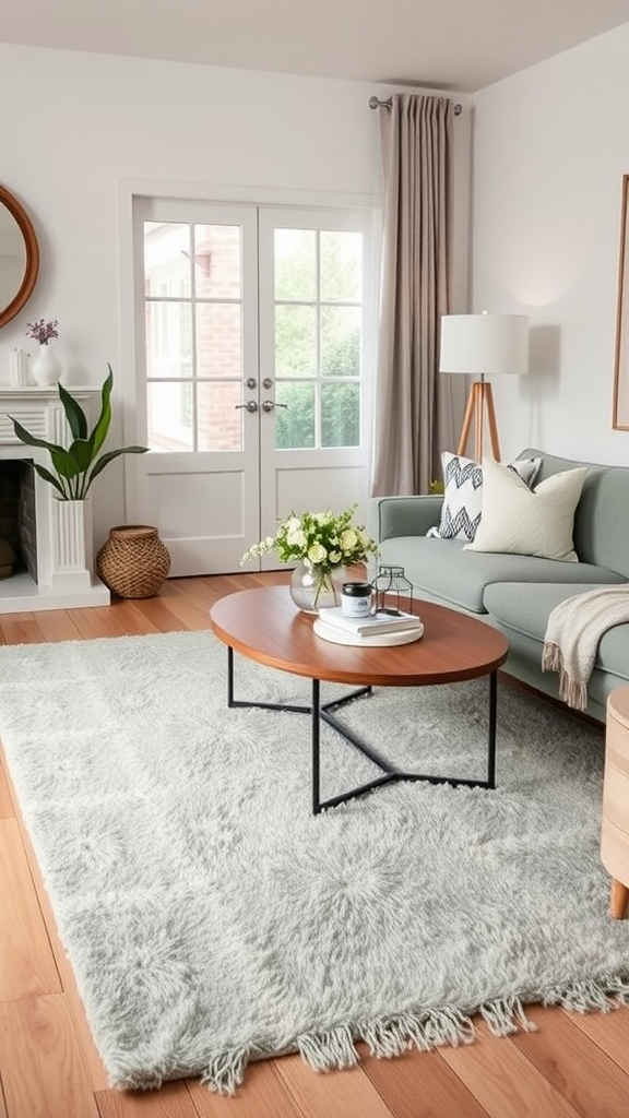 A cozy living room featuring a sage green throw rug under a wooden coffee table and a light green sofa.