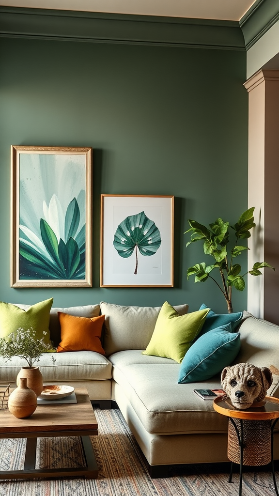 A cozy living room featuring sage green wall art, a sectional sofa with colorful pillows, and a cute pet sculpture.