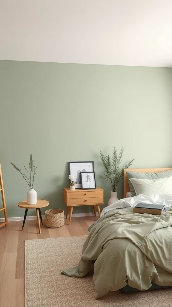 A bedroom featuring sage green walls, a wooden bed, light bedding, and simple decor.