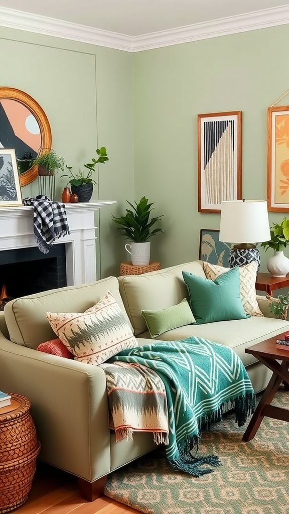 Cozy living room featuring sage green walls and a variety of colorful patterned pillows and throws.