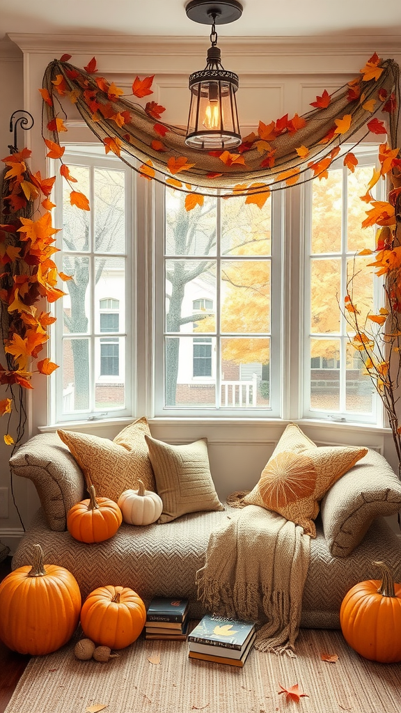 A cozy nook decorated with autumn leaves, pumpkins, and soft pillows.