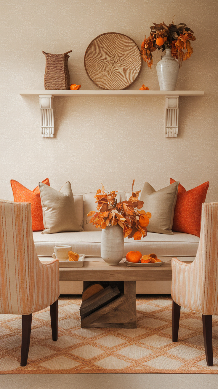 A cozy living room featuring seasonal decor with warm colors and textures.