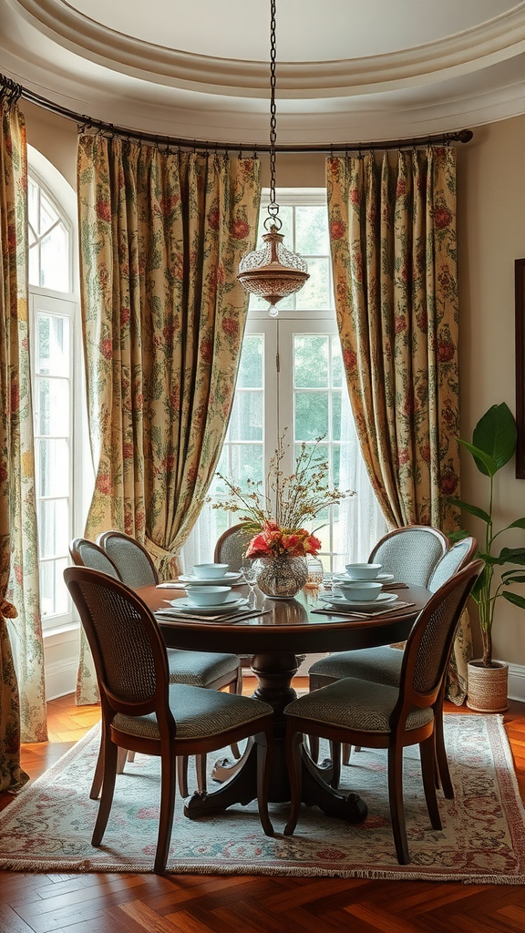 A beautifully arranged dining room featuring a wooden table set for a meal, surrounded by elegant chairs and adorned with floral curtains.