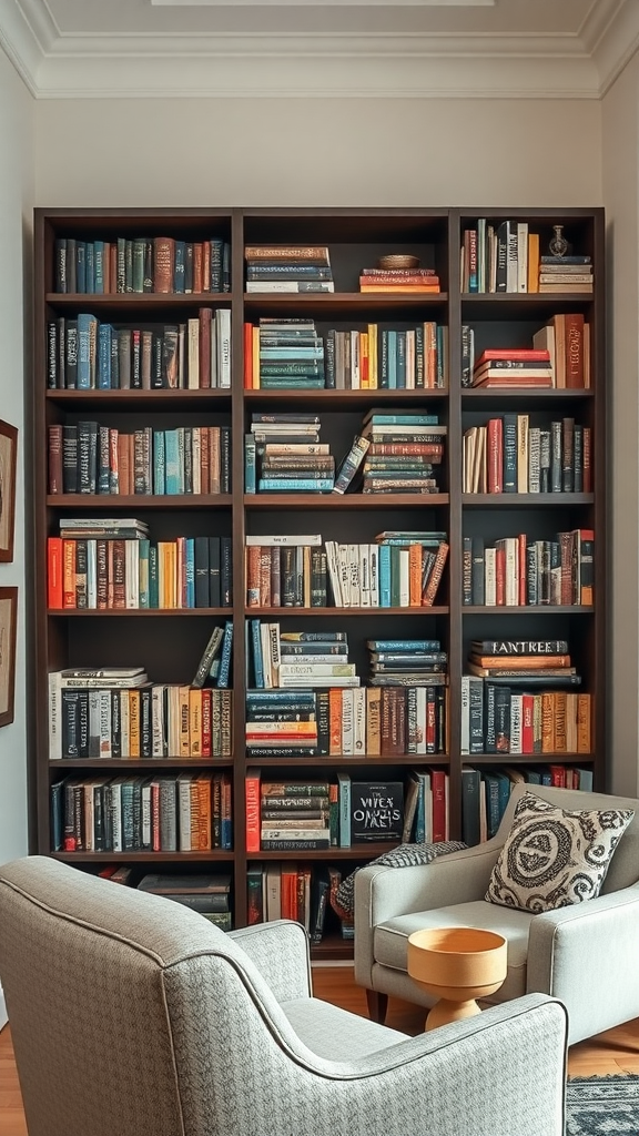 A cozy bookshelf filled with various books, accompanied by comfortable seating.