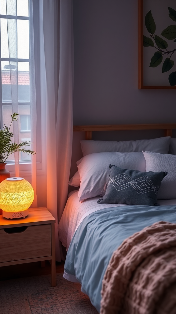 Cozy bedroom with soft lighting and comfortable bedding.