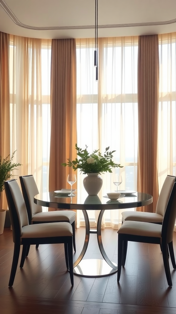 A dining area featuring a round glass table, elegant chairs, and light sheer curtains that allow soft sunlight to illuminate the room.