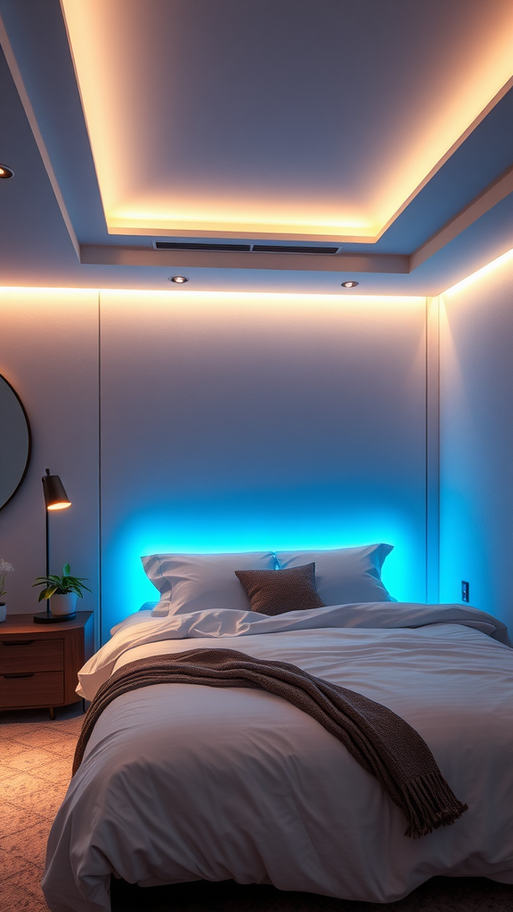 A stylish bedroom with smart lighting, featuring a neatly made bed and a cozy atmosphere.