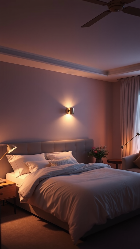 A softly lit bedroom with a cozy bed and warm lighting fixtures.